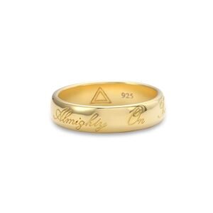 Gold-plated silver band with cursive Almighty engraving and triangle hallmark