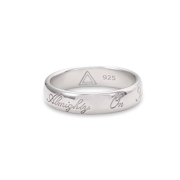 Sterling silver band ring with engraved Almighty text and triangle logo