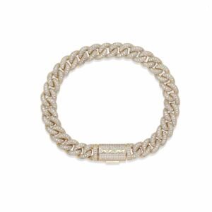 Gold fully diamond-encrusted Cuban link bracelet with custom clasp on white background