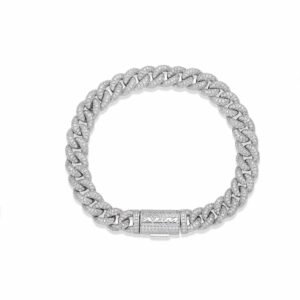 White gold fully diamond-encrusted Cuban link bracelet with custom clasp on white background