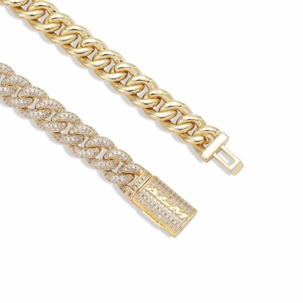 Comparison of plain and diamond-set yellow gold cuban link chains showing both sides