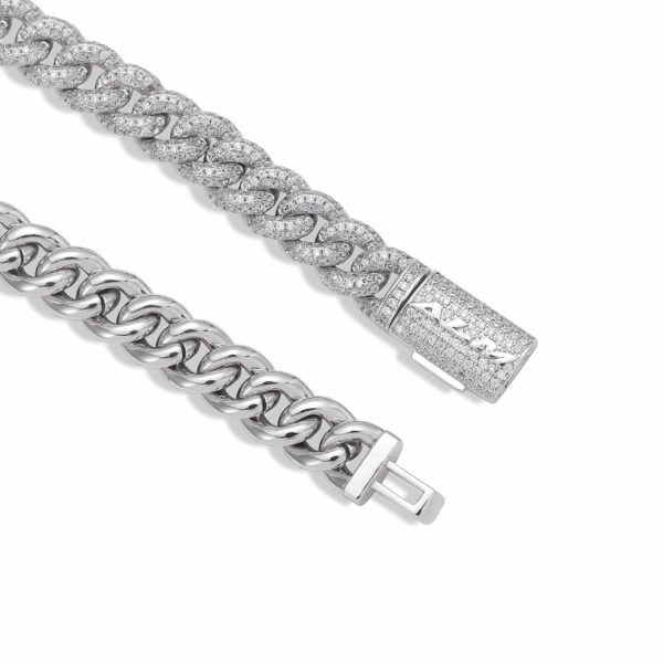 Dual view of white gold bubble link chain showing textured front and smooth back