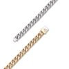 Separated silver and gold curb chain sections with branded clasps on white background