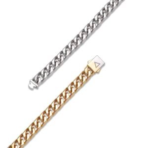 Separated silver and gold curb chain sections with branded clasps on white background