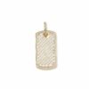 Gold plated dog tag pendant with diagonal baguette diamond pattern and border detail on white background