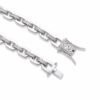 Close-up of diamond-accented chain clasp in white gold finish showing security mechanism and brand logo