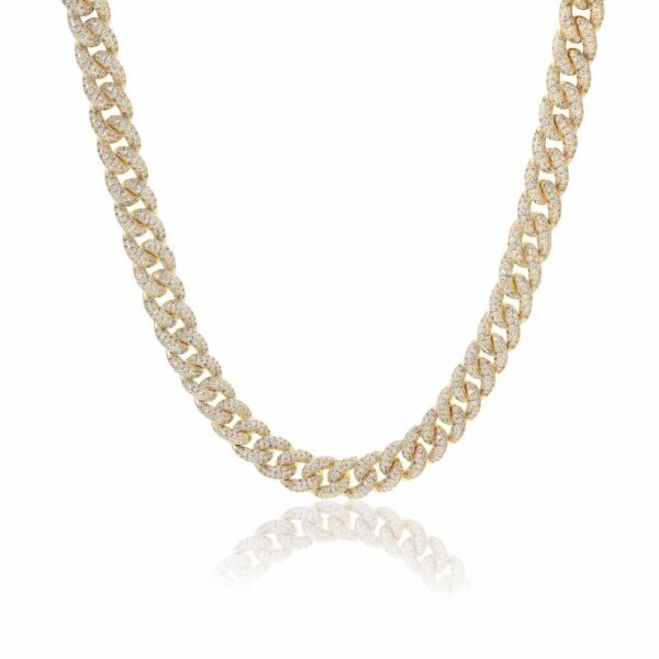 18K gold cuban link chain fully encrusted with diamonds on white background with reflection