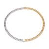 Half silver, half gold curb chain necklace with center box clasp on white background