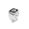 Silver square signet ring with black enamel ghost design shown at an angle on white background