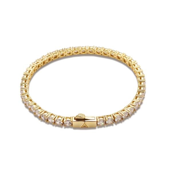 Gold plated tennis bracelet with cubic zirconia stones and branded box clasp on white background