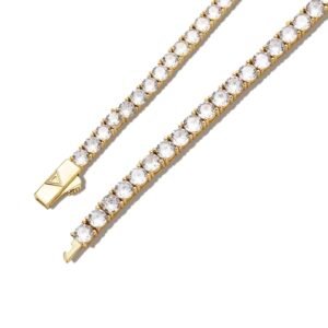 Gold plated 4mm tennis bracelet with cubic zirconia stones and branded clasp on white background