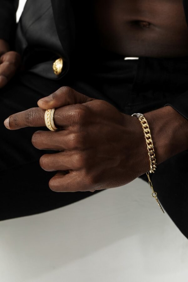 Gold-plated Cuban bracelet and eternity band on dark skin tone Filename: gold-cuban-set-styling