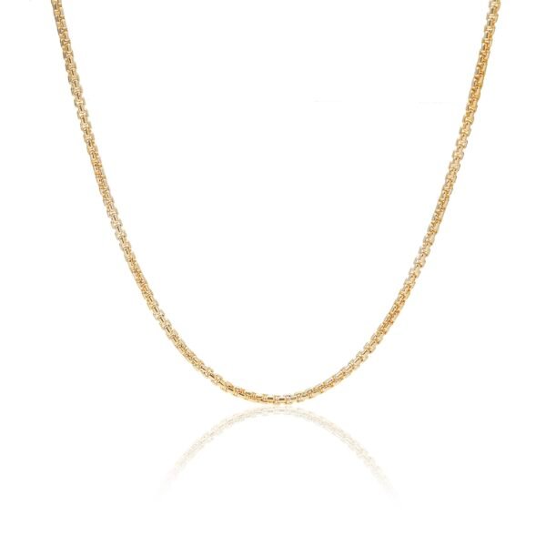 Classic gold round box chain necklace on white background