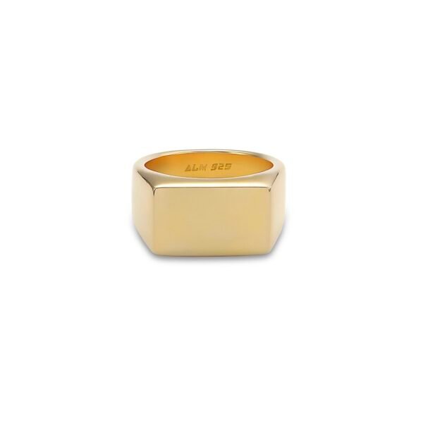 Gold-plated square signet ring with ALM 925 hallmark shown face-forward on white background