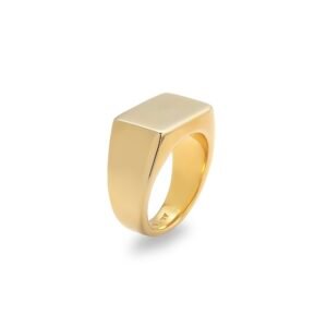 Gold-plated square signet ring shown at an angle on white background with ALM hallmark visible