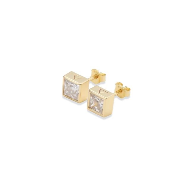 Gold plated square stud earrings with cubic zirconia and engraved triangle logo design