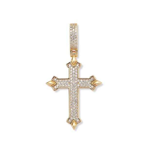 Gold-plated Gothic cross pendant with crystal pavé setting, front view