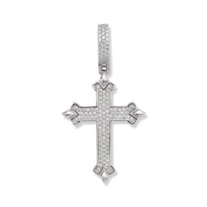 Silver-tone Gothic cross pendant with crystal pavé setting, front view