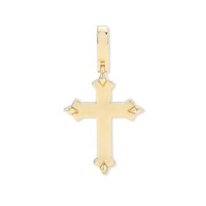 Polished gold-tone Gothic cross pendant showing reverse side