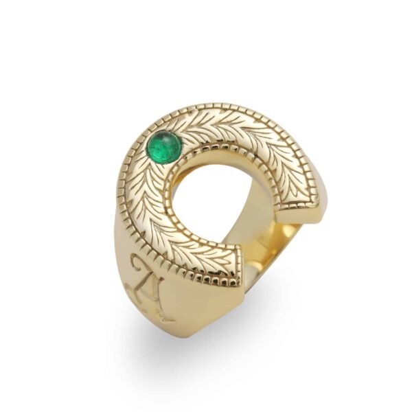 18K plated sterling silver horseshoe ring with emerald accent and feather engraving