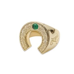 18K gold plated sterling silver horseshoe ring with emerald accent viewed from angle