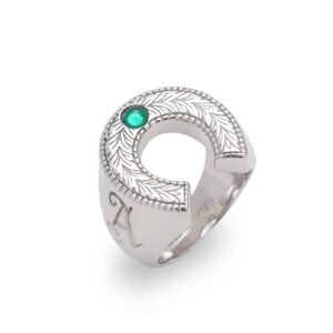 Sterling silver horseshoe ring with emerald accent and feather engraving