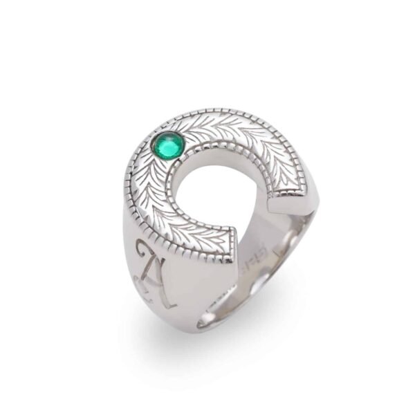 Sterling silver horseshoe ring with emerald accent and feather engraving