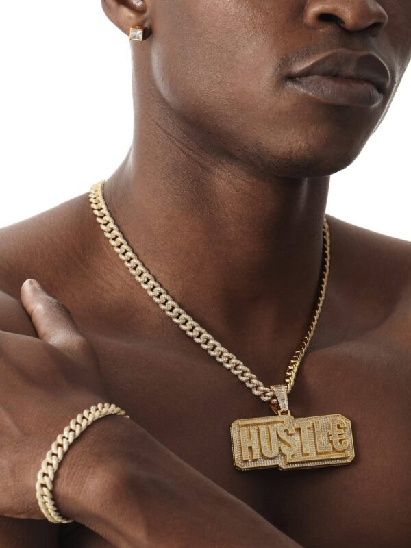 Model wearing gold HUSTLE pendant with matching cubic zirconia Cuban chain and bracelet set