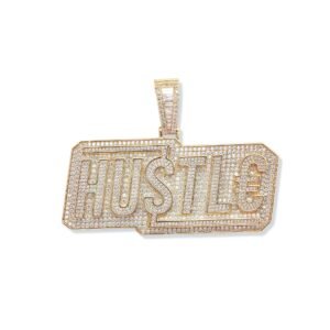 Gold plated HUSTLE pendant featuring full cubic zirconia setting against white background