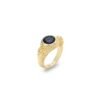 Gold leopard ring with blue sapphire center stone shown at angle on white background