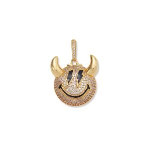 Gold-tone devil smiley pendant with lightning bolt eyes and cubic zirconia pavé