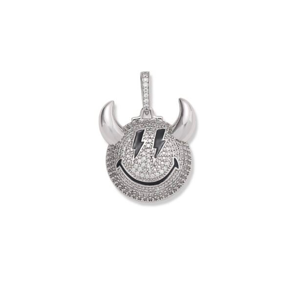 Silver-tone devil smiley pendant with lightning bolt eyes and cubic zirconia pavé