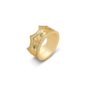Gold-plated crown ring with emeralds and diamonds shown from angled side perspective