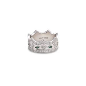 Detailed view of sterling silver crown ring showing ALM 925 hallmark, emerald accents, and diamond pavé detailing