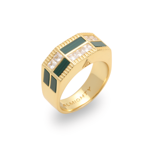 Gold-plated ring with square-cut malachite stones and crystal accents