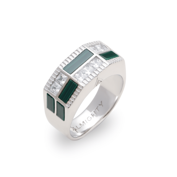 White Gold-plated ring with square-cut malachite stones and crystal accents