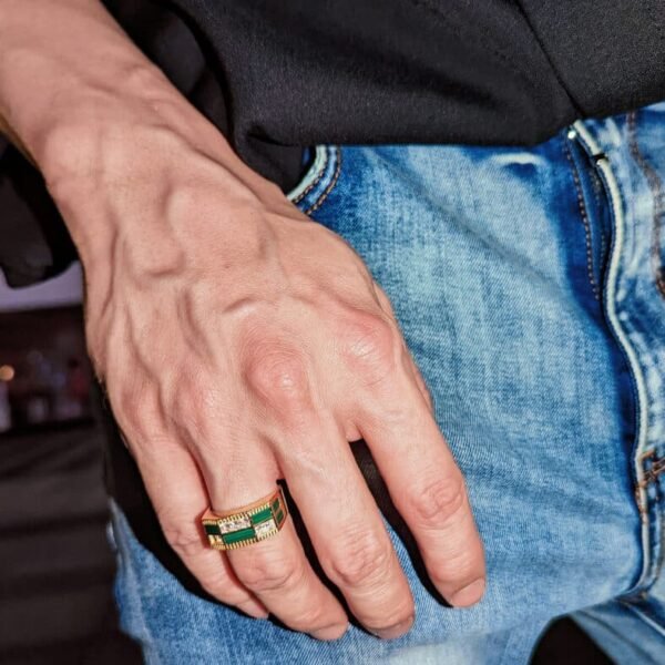 Malachite and crystal ring styled with casual denim