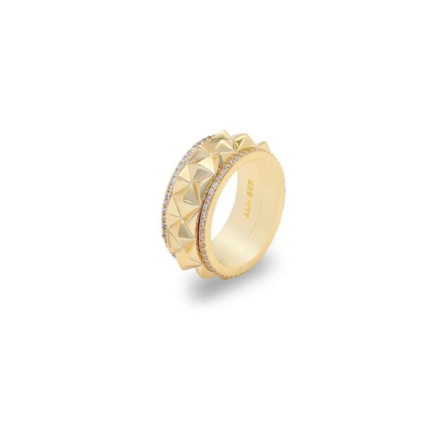 Gold pyramid ring featuring geometric studded pattern with textured finish