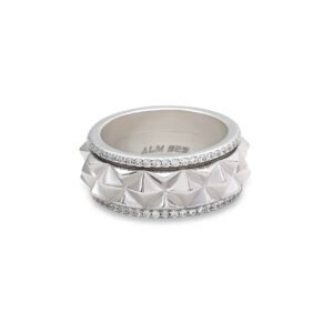 White gold pyramid ring with studded geometric design and diamond borders