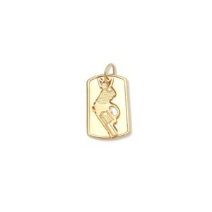 Gold-tone dog tag pendant with embossed revolver design on white background