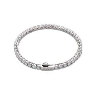 Rhodium plated tennis bracelet with clear stones and branded clasp on white background