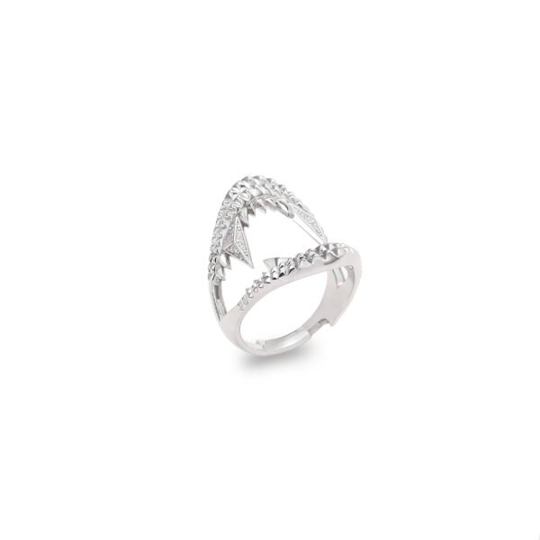 Sterling silver shark jaw ring with diamond-set triangular details on white background