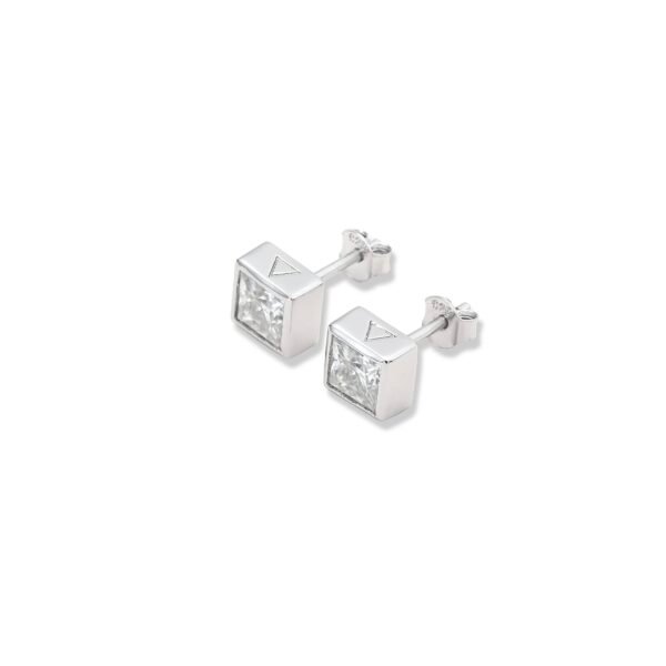 White Gold plated square stud earrings with cubic zirconia and engraved triangle logo design