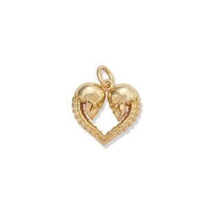 Gold plated heart-shaped pendant with dual skull design on white background