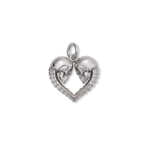 White Gold plated heart-shaped pendant with dual skull design on white background