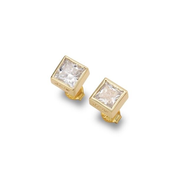 Gold plated square stud earrings with princess cut cubic zirconia stones