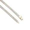 Gold plated tennis chain clasp mechanism with cubic zirconia stones on white background