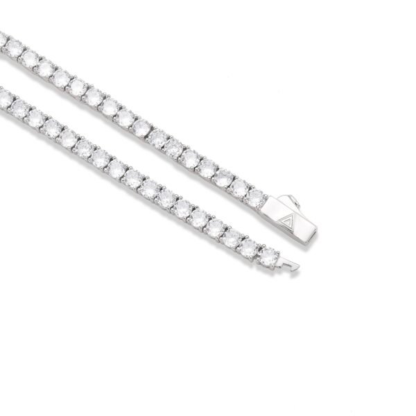 Rhodium plated tennis chain clasp mechanism with cubic zirconia stones on white background