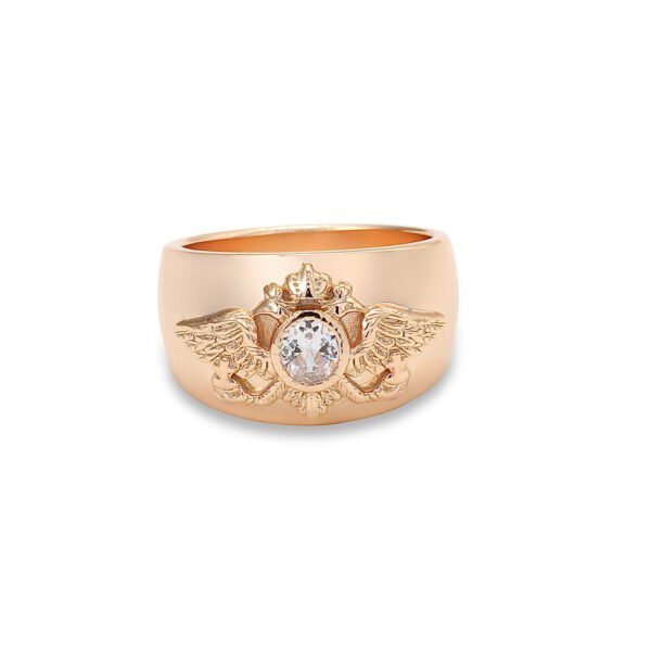 Champagne gold ring featuring twin eagle design with central cubic zirconia stone