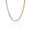 Silver and gold split curb chain necklace on white background with reflection